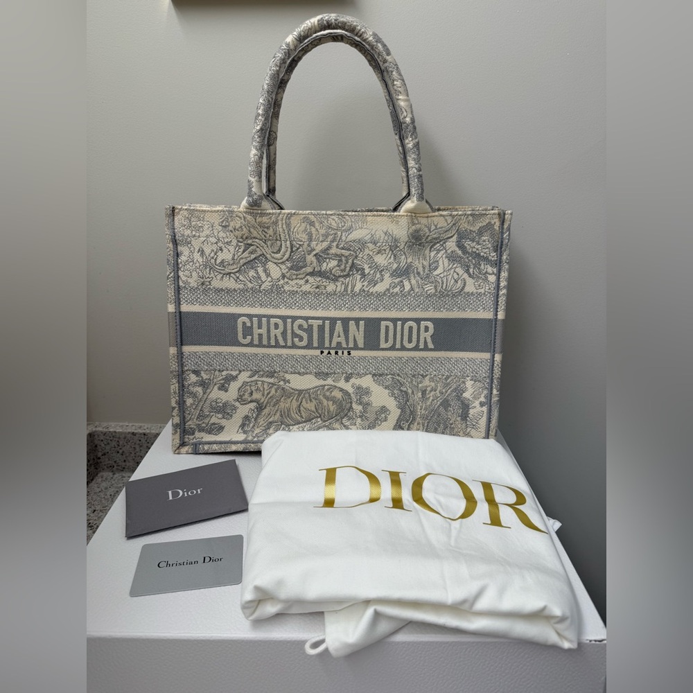 Dior Gray Book Tote with Toile de Jouy Pattern